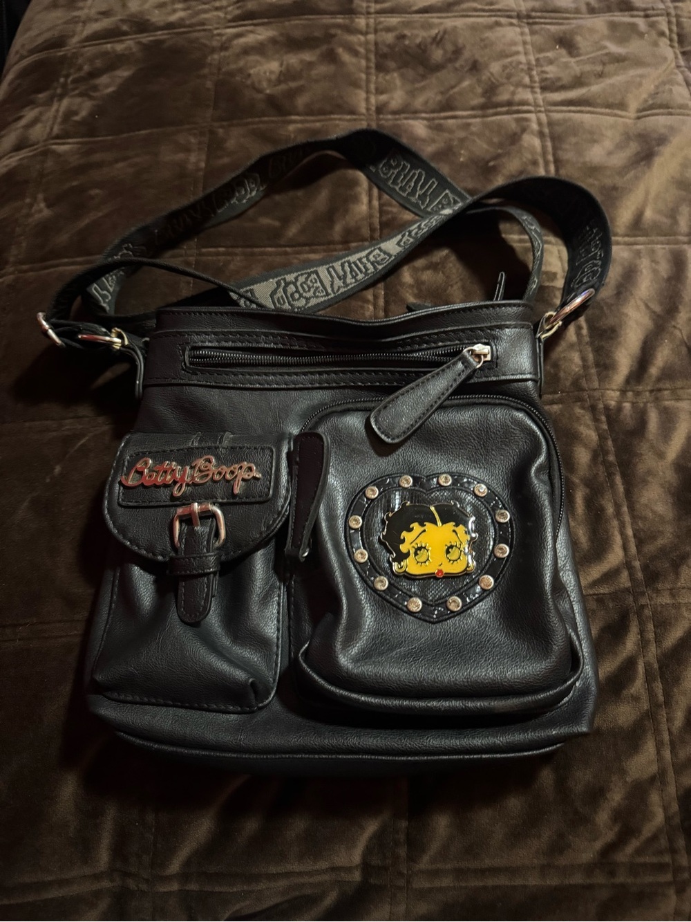 Betty Boop Black Messenger Bag with Studded Heart Patch